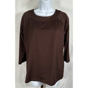 Susan Graver Women’s Blouse Brown Round Neck 3/4 Sleeve Top Size S Stretch
